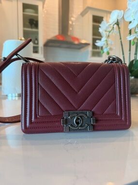 CHANEL Boy Chevron Crossbody Bag in Burgundy Red